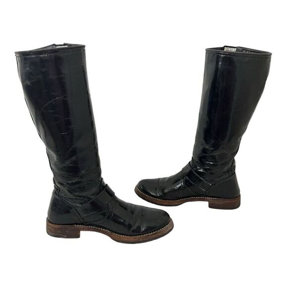 Frye Size 7 Veronica Slouch Tall Distressed Black Patent Leather Biker Boots - Picture 4 of 8